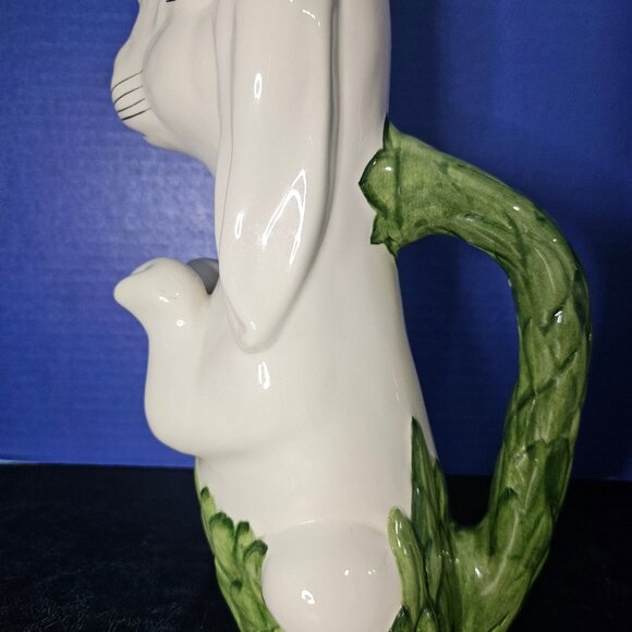 Tall Moltahedeh Rabbit Pitcher 1950s Portugal Hand Painted Bunny Green Leaf Hand - Picture 6 of 15